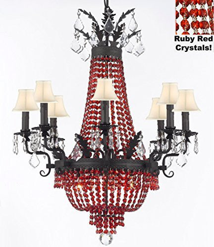 Moroccan Style French Empire Crystal Chandeliers H32" W25" - Dressed With Ruby Red Crystals And White Shades Perfect For Dining Room / Entryway / Foyer / Living Room With Dark Antique Finish - A500-B81/B88/Whiteshade/1280/8+4