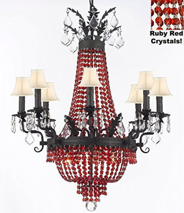 Moroccan Style French Empire Crystal Chandeliers H32" W25" - Dressed With Ruby Red Crystals And White Shades Perfect For Dining Room / Entryway / Foyer / Living Room With Dark Antique Finish - A500-B81/B88/Whiteshade/1280/8+4