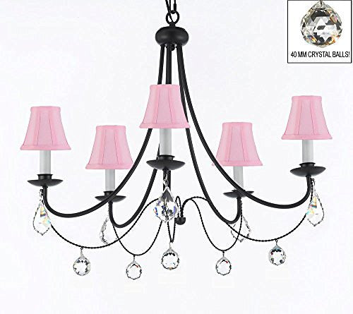 Empress Crystal (Tm) Wrought Iron Chandelier Lighting H.22.5" X W.26" With Pink Shades And Crystal Balls - J10-Sc/Pinkshades/B7/B6/26031/5