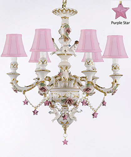 Authentic Capodimonte Porcelain Chandelier Lighting w/ Cherub Angels W/ Purple Stars W/ Pink Shades Made in Italy Good for Dining Room, Kids & Girls Bedrooms 24K Gold Trimmed w/ Roses & Flowers - GB102-SC/PINKSHADES/B51/119/6