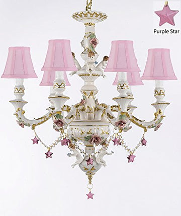 Authentic Capodimonte Porcelain Chandelier Lighting w/ Cherub Angels W/ Purple Stars W/ Pink Shades Made in Italy Good for Dining Room, Kids & Girls Bedrooms 24K Gold Trimmed w/ Roses & Flowers - GB102-SC/PINKSHADES/B51/119/6