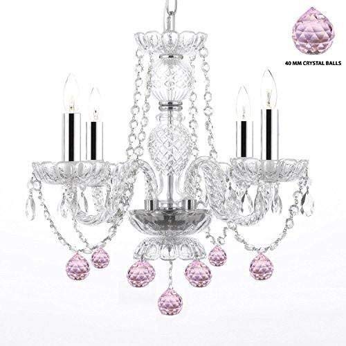 Swarovski Crystal Trimmed Chandelier Lighting W/Crystal Pink Balls! H 17" W17" Swag Plug in-Chandelier W/ 14' Feet of Hanging Chain and Wire w/Chrome Sleeves! - Perfect for Kid's and Girls Bedrooms! - J10-B43/B15/B76/26098/4 SW