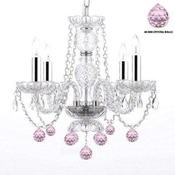 Swarovski Crystal Trimmed Chandelier Lighting W/Crystal Pink Balls! H 17" W17" Swag Plug in-Chandelier W/ 14' Feet of Hanging Chain and Wire w/Chrome Sleeves! - Perfect for Kid's and Girls Bedrooms! - J10-B43/B15/B76/26098/4 SW