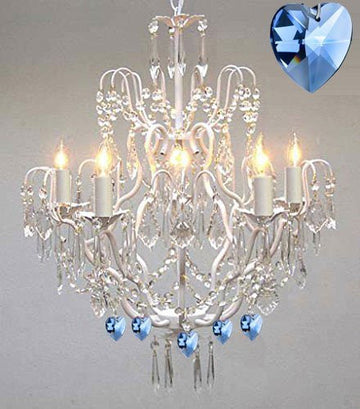 Wrought Iron & Crystal Chandelier Authentic Empress Crystal(Tm) Chandelier Lighting Chandeliers With Blue Hearts Nursery Kids Girls Bedrooms Kitchen Etc. - J10-White/B85/C/26025/5
