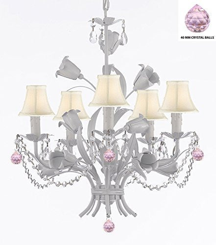 White Wrought Iron Floral Chandelier Empress Crystal (Tm) Flower Chandeliers Lighting H23" X W19" With White Shades - J10-Sc/Whiteshade/B76/B52/White/325/5