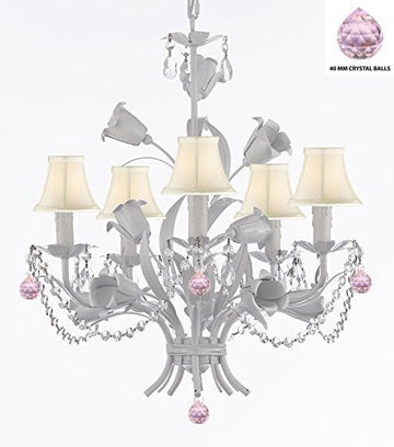 White Wrought Iron Floral Chandelier Empress Crystal (Tm) Flower Chandeliers Lighting H23" X W19" With White Shades - J10-Sc/Whiteshade/B76/B52/White/325/5