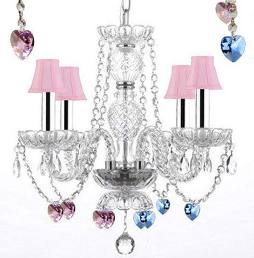 Chandelier Lighting W/Crystal Pink Shades Blue and Pink Hearts W/Chrome Sleeves! H 17" - Perfect for Kid's and Girls Bedroom! W 17" - J10-B43/B85/B21/PINKSHADES/26098/4