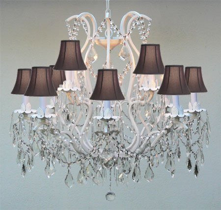 White Wrought Iron Crystal Chandelier Lighting With Black Shades... - J10-BLACKSHADES/WHITE/26014/12