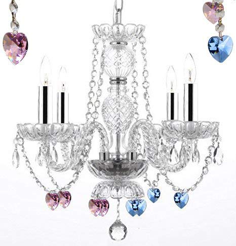 Authentic All Crystal Chandelier Chandeliers Lighting with Sapphire Blue and Pink Crystal Hearts! Perfect for Living Room, Dining Room, Kitchen, Kid's Bedroom W/Chrome Sleeves! H17" W17" - J10-B43/B85/B21/26098/4