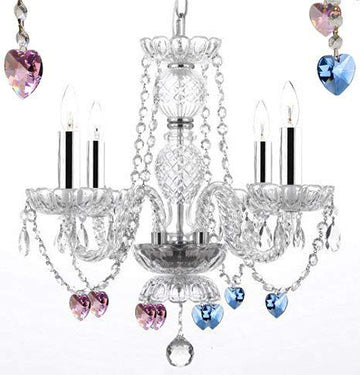 Swarovski Crystal Trimmed Chandelier! Chandelier Lighting W/Crystal Blue and Pink Hearts w/Chrome Sleeves! H 17" W17" - Perfect for Kid's and Girls Bedroom! - J10-B43/B85/B21/26098/4 SW