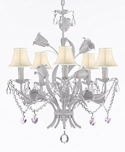 White Wrought Iron Floral Chandelier Empress Crystal (Tm) Flower Chandeliers Lighting H23" X W19" With White Shades - J10-Sc/Whiteshades/B23/B52/White/325/5