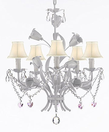 White Wrought Iron Floral Chandelier Empress Crystal (Tm) Flower Chandeliers Lighting H23" X W19" With White Shades - J10-Sc/Whiteshades/B23/B52/White/325/5