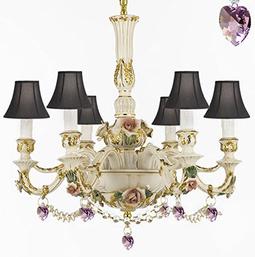 Authentic Capodimonte Porcelain Chandelier Lighting Chandeliers Made in Italy, 24K Gold Trimmed w/ Roses & Flowers Dressed w/ Crystals and Hearts With Black Shades - GB102-SC/BLACKSHADE/B52/B21/435/6