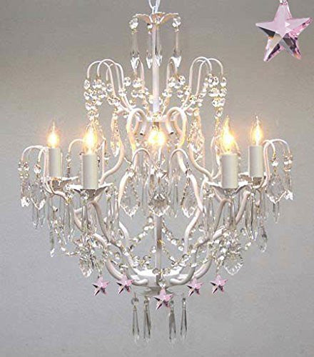 Wrought Iron & Crystal Chandelier Authentic Chandelier With Pink Stars Nursery Kids Girls Bedrooms Kitchen Etc - J10-White/B38/C/26025/5