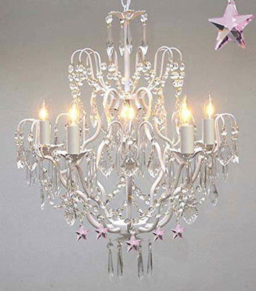 Wrought Iron & Crystal Chandelier Authentic Chandelier With Pink Stars Nursery Kids Girls Bedrooms Kitchen Etc - J10-White/B38/C/26025/5