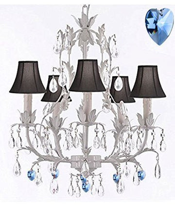 White Wrought Iron Floral Chandelier Lighting W/ Blue Hearts And Shades - J10-Sc/Blackshade/B85/White/26016/5