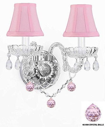 Wall Sconce Lighting With Crystal Pink Balls - Perfect For Kids And Girls Bedrooms With Shades - G46-Pinkshades/B76/2/386