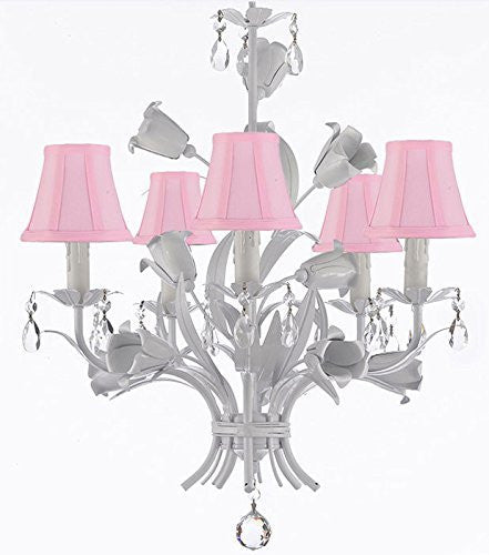 White Wrought Iron Floral Chandelier Empress Crystal(Tm) Flower Chandeliers Lighting H23" X W19" With Shades - J10-Sc/Pinkshades/B39/White/325/5