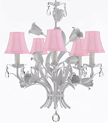 White Wrought Iron Floral Chandelier Empress Crystal(Tm) Flower Chandeliers Lighting H23" X W19" With Shades - J10-Sc/Pinkshades/B39/White/325/5
