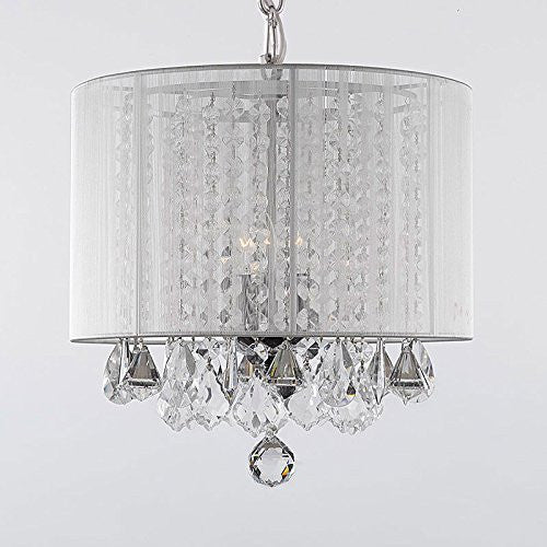 Crystal Chandelier With Large White Shade H15" X W15"Swag Plug In-Chandelier W/ 14' Feet Of Hanging Chain And Wire - A9-B15/White/26028/3 Gtc