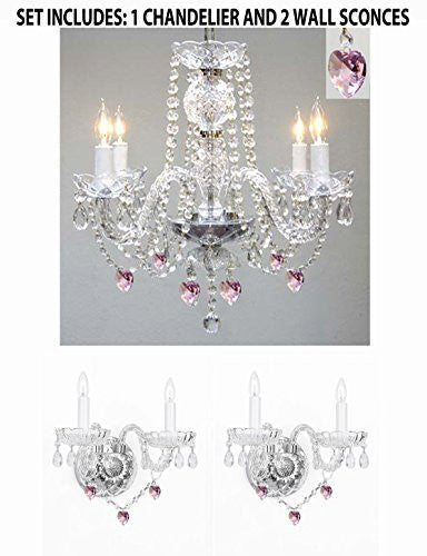 Three Piece Lighting Set - Crystal Chandelier And 2 Wall Sconces W/ Pink Crystal Hearts - 1Ea B21/26098/4+2Ea B21/2/386