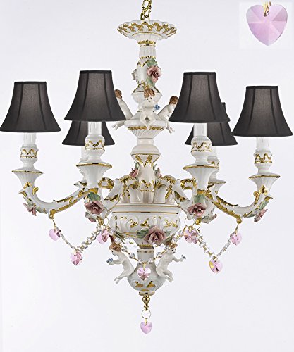 Authentic Capodimonte Porcelain Chandelier Lighting w/ Cherub Angels W/ Pink Hearts w/ Black Shades Made in Italy Good for Dining Room, Kids & Girls Bedrooms Trimmed w/ Roses & Flowers - GB102-SC/BLACKSHADES/B21/119/6