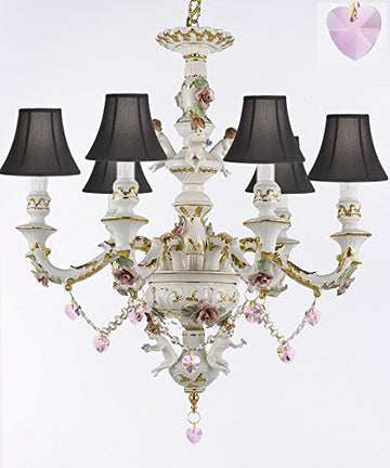 Authentic Capodimonte Porcelain Chandelier Lighting w/ Cherub Angels W/ Pink Hearts w/ Black Shades Made in Italy Good for Dining Room, Kids & Girls Bedrooms Trimmed w/ Roses & Flowers - GB102-SC/BLACKSHADES/B21/119/6