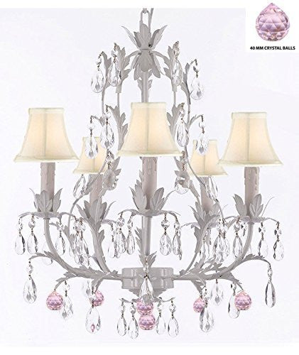 White Wrought Iron Floral Chandelier Lighting W/ Pink Balls And Shades - J10-Sc/Whiteshade/B76/White/26016/5