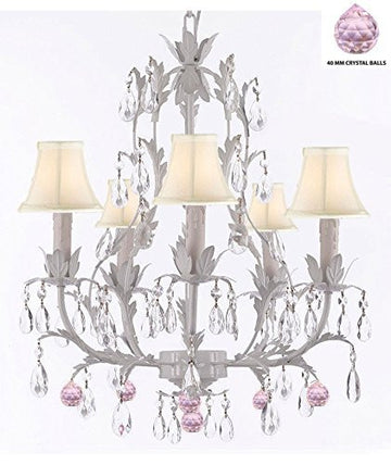 White Wrought Iron Floral Chandelier Lighting W/ Pink Balls And Shades - J10-Sc/Whiteshade/B76/White/26016/5