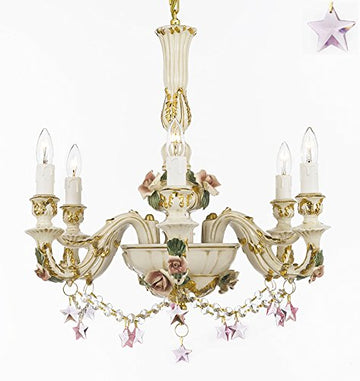 Authentic Capodimonte Porcelain Chandelier Lighting Chandeliers Cottage Chic Made in Italy, 24K Gold Trimmed w/ Roses & Flowers Dressed w/ Pink Stars Crystals - GB102-B52/B38/435/6