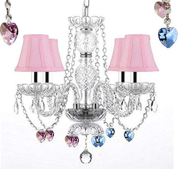Swarovski Crystal Trimmed Chandelier Lighting W/Crystal Blue & Pink Hearts w/Pink Shades w/Chrome Sleeves! - J10-B43/B15/B85/B21/PINKSHADES/26098/4SW