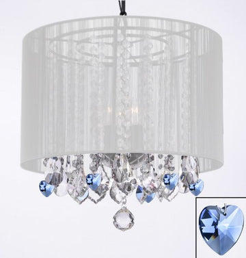 Crystal Chandelier Chandeliers With Large White Shade And Blue Crystal Hearts H15" X W15" - Perfect For Kids' And Girls Bedrooms - G7-B85/White/26028/3