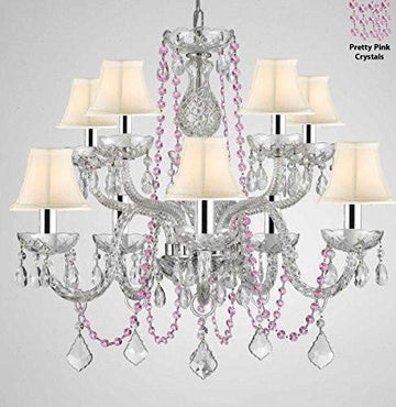 Authentic All Crystal Chandelier Chandeliers Lighting with Pretty Pink Crystals and White Shades! Perfect for Living Room, Dining Room, Kitchen, Kid'S Bedroom W/Chrome Sleeves! H25" W24" - G46-B43/B84/CS/WHITESHADES/1122/5+5