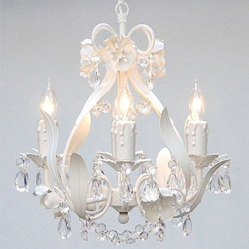 White Wrought Iron Floral Chandelier Crystal Flower Chandeliers Lighting H15" X W11" - Perfect For Kids' And Girls Bedrooms - J10-White/Cl/26027/4
