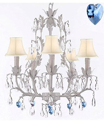 White Wrought Iron Floral Chandelier Lighting W/ Blue Hearts And Shades - J10-Sc/Whiteshade/B85/White/26016/5