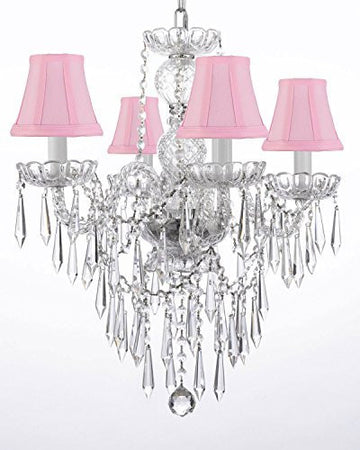 New Authentic All Crystal Chandelier Lighting W/ Crystal Icicles And - With Shades H22" X W17" - J10-Pinkshades/B27/3/26098/4