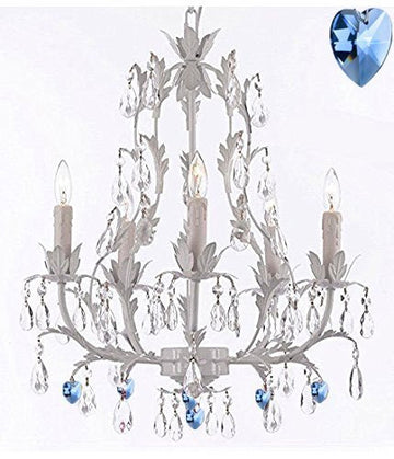 White Wrought Iron Floral Chandelier Lighting Chandeliers W/ Blue Hearts - J10-B85/White/26016/5