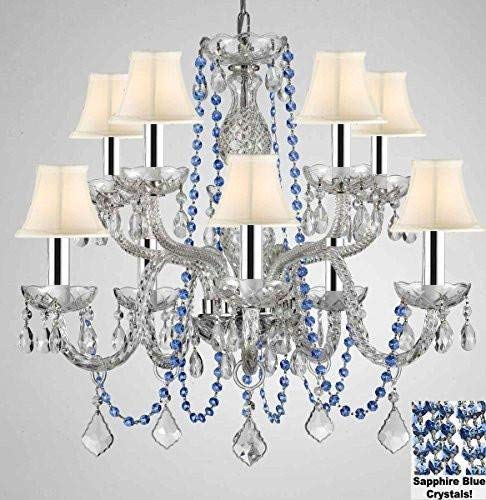 AUTHENTIC ALL CRYSTAL CHANDELIER CHANDELIERS LIGHTING WITH SAPPHIRE BLUE CRYSTALS AND WHITE SHADES! PERFECT FOR LIVING ROOM, DINING ROOM, KITCHEN, KIDS BEDROOM W/CHROME SLEEVES! H25" W24" - G46-B43/B82/CS/WHITESHADES/1122/5+5