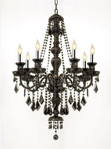 New! Jet Black Gothic Crystal Chandelier Lighting W/Chrome Sleeves! H37 x W26! - J10-B43/BLACK/SM/26073/7