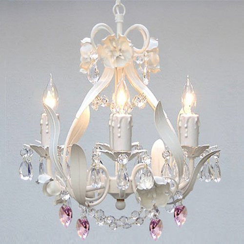 White Iron Crystal Flower Chandelier Lighting W/ Pink Crystal Hearts - Perfect For Kid'S And Girls Bedroom - J10-B21/White/26027/4