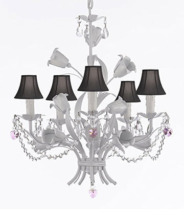 White Wrought Iron Floral Chandelier Empress Crystal (Tm) Flower Chandeliers Lighting H23" X W19" With Black Shades - J10-Sc/Blackshade/B21/B52/White/325/5