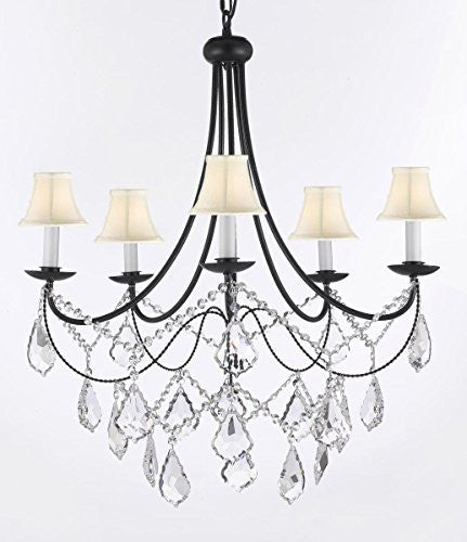 Empress Crystal (Tm) Wrought Iron Chandelier Lighting H.22.5" X W.26" With Shades Swag Plug In-Chandelier W/ 14' Feet Of Hanging Chain And Wire - J10-B16/Sc/Whiteshades/B12/26031/5