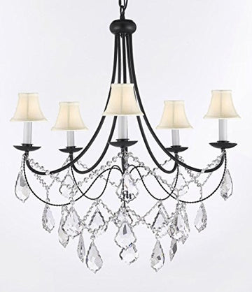Empress Crystal (Tm) Wrought Iron Chandelier Lighting H.22.5" X W.26" With Shades Swag Plug In-Chandelier W/ 14' Feet Of Hanging Chain And Wire - J10-B16/Sc/Whiteshades/B12/26031/5