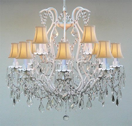 White Wrought Iron Crystal Chandelier Lighting With White Shades... - J10-WHITESHADES/WHITE/26014/12
