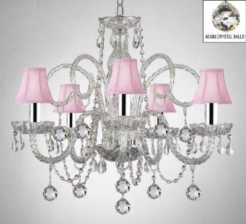 CRYSTAL CHANDELIER WITH PINK SHADES & CRYSTAL BALLS W/CHROME SLEEVES! - J10-B43/B6/BLACKSHADES/26098/4