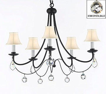 Empress Crystal (Tm) Wrought Iron Chandelier Lighting H.22.5" X W.26" With White Shades And Crystal Balls - J10-Sc/Whiteshades/B7/B6/26031/5