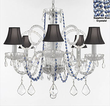 Authentic All Crystal Chandelier Chandeliers Lighting With Sapphire Blue Crystals And Black Shades Perfect For Living Room Dining Room Kitchen Kid'S Bedroom H25" W24" - A46-B82/Sc/Blackshades385/5