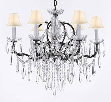 Nineteenth C. Baroque Iron & Crystal Chandelier Lighting With White Shades H 25" X W 26" - G83-Whiteshades/B27/994/6