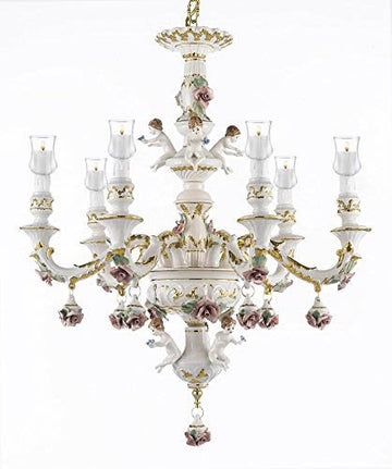 Authentic Capodimonte Porcelain Chandelier Lighting Chandeliers W/ Candle Votives Made in Italy Trimmed w/ Roses & Flowers - For Indoor / Outdoor Use Great for Outdoor Events - GB102-B31/119/6