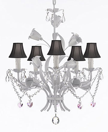 White Wrought Iron Floral Chandelier Empress Crystal (Tm) Flower Chandeliers Lighting H23" X W19" With Black Shades - J10-Sc/Blackshades/B23/B52/White/325/5